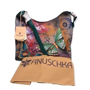 Anuschka Hand-Painted Butterfly Leather Hobo Shoulder or Crossbody Bag w/Pouch